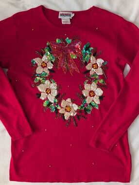 vintage Mister Leonard Christmas Wreath Beaded Long Sleeve Top - Red